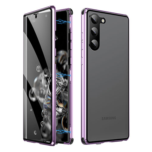 Luxury Aluminum Metal Frame Mirror Cover Case 360 Degrees LK1 for Samsung Galaxy S24 5G Purple