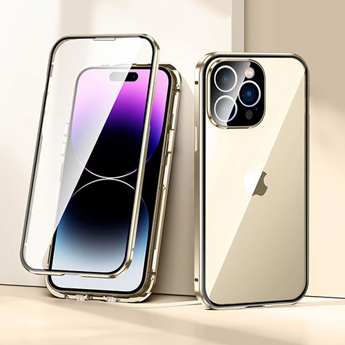 Luxury Aluminum Metal Frame Mirror Cover Case 360 Degrees LK2 for Apple iPhone 14 Pro Gold