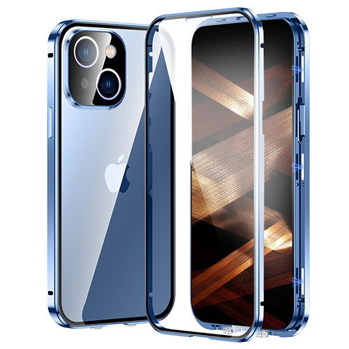 Luxury Aluminum Metal Frame Mirror Cover Case 360 Degrees LK2 for Apple iPhone 15 Blue