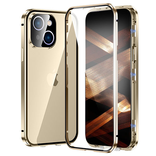 Luxury Aluminum Metal Frame Mirror Cover Case 360 Degrees LK2 for Apple iPhone 15 Gold