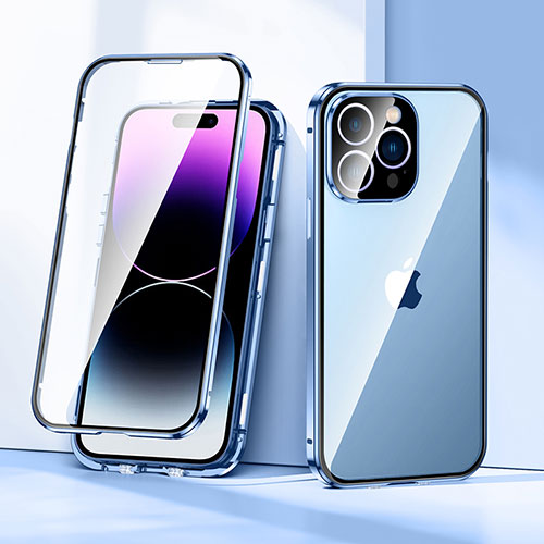 Luxury Aluminum Metal Frame Mirror Cover Case 360 Degrees LK2 for Apple iPhone 15 Pro Max Blue