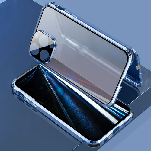 Luxury Aluminum Metal Frame Mirror Cover Case 360 Degrees LK3 for Apple iPhone 13 Pro Max Blue