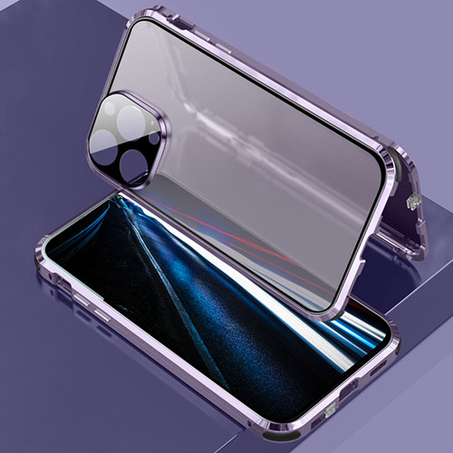 Luxury Aluminum Metal Frame Mirror Cover Case 360 Degrees LK3 for Apple iPhone 13 Pro Purple