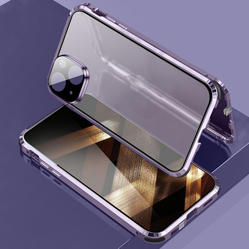 Luxury Aluminum Metal Frame Mirror Cover Case 360 Degrees LK3 for Apple iPhone 15 Purple