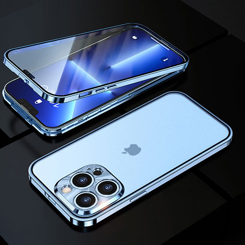 Luxury Aluminum Metal Frame Mirror Cover Case 360 Degrees M01 for Apple iPhone 13 Pro Max Blue