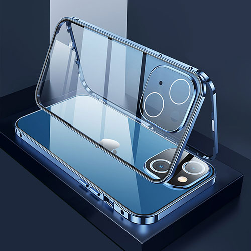 Luxury Aluminum Metal Frame Mirror Cover Case 360 Degrees M01 for Apple iPhone 15 Blue