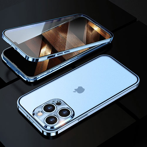 Luxury Aluminum Metal Frame Mirror Cover Case 360 Degrees M01 for Apple iPhone 16 Pro Blue