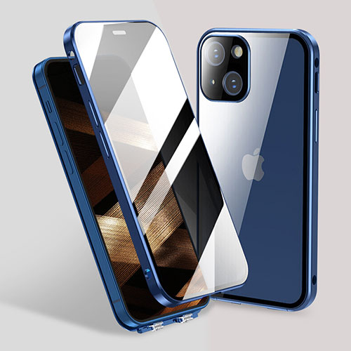 Luxury Aluminum Metal Frame Mirror Cover Case 360 Degrees M02 for Apple iPhone 15 Blue