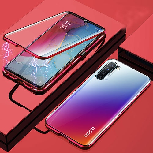 Luxury Aluminum Metal Frame Mirror Cover Case 360 Degrees M02 for Oppo K7 5G Red