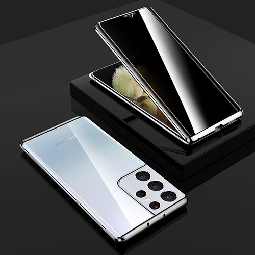 Luxury Aluminum Metal Frame Mirror Cover Case 360 Degrees M02 for Samsung Galaxy S22 Ultra 5G Silver