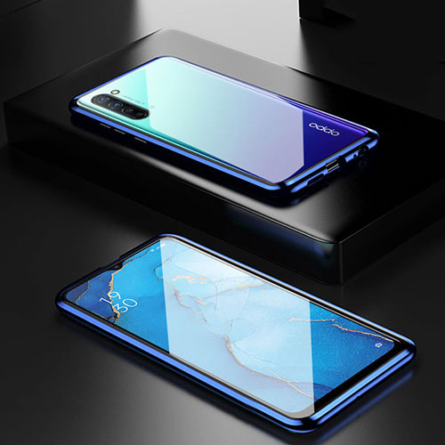 Luxury Aluminum Metal Frame Mirror Cover Case 360 Degrees M03 for Oppo F15 Blue