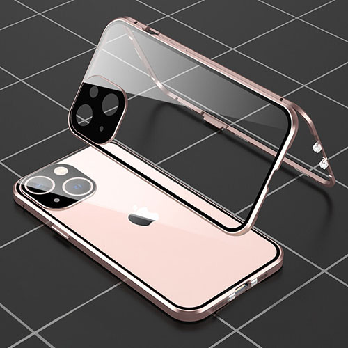 Luxury Aluminum Metal Frame Mirror Cover Case 360 Degrees M04 for Apple iPhone 15 Plus Rose Gold