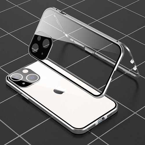 Luxury Aluminum Metal Frame Mirror Cover Case 360 Degrees M04 for Apple iPhone 15 Plus Silver