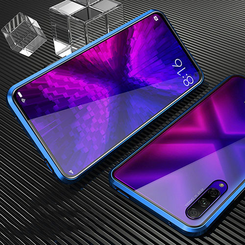 Luxury Aluminum Metal Frame Mirror Cover Case 360 Degrees M04 for Huawei P Smart Pro (2019) Blue