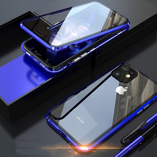 Luxury Aluminum Metal Frame Mirror Cover Case 360 Degrees M05 for Apple iPhone 11 Pro Blue