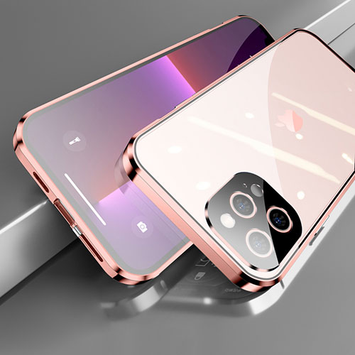 Luxury Aluminum Metal Frame Mirror Cover Case 360 Degrees M05 for Apple iPhone 13 Pro Rose Gold