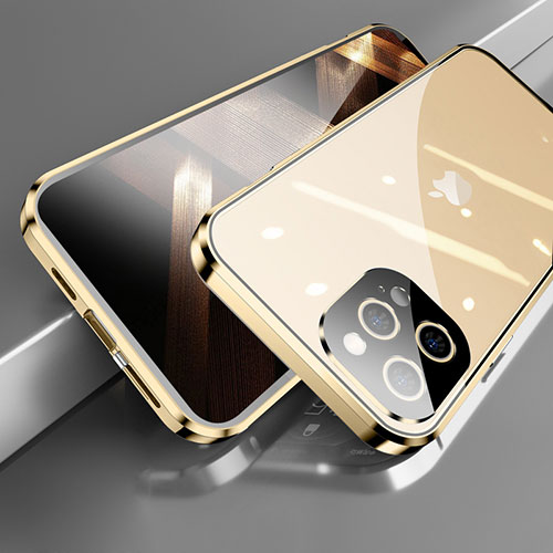 Luxury Aluminum Metal Frame Mirror Cover Case 360 Degrees M05 for Apple iPhone 14 Pro Gold