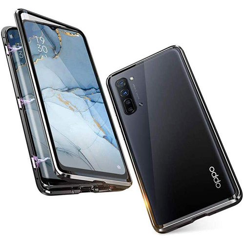 Luxury Aluminum Metal Frame Mirror Cover Case 360 Degrees M05 for Oppo Reno3 Black