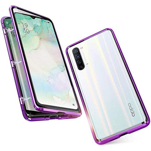 Luxury Aluminum Metal Frame Mirror Cover Case 360 Degrees M05 for Oppo Reno3 Purple