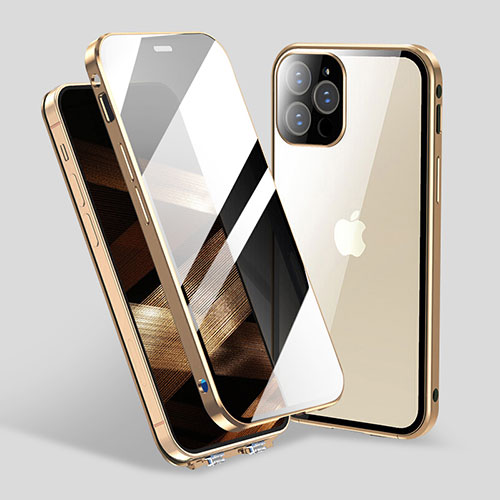 Luxury Aluminum Metal Frame Mirror Cover Case 360 Degrees M06 for Apple iPhone 14 Pro Gold