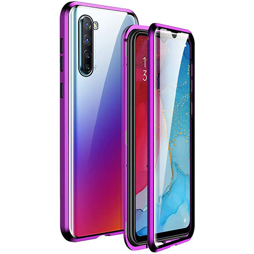 Luxury Aluminum Metal Frame Mirror Cover Case 360 Degrees M06 for Oppo Reno3 Purple