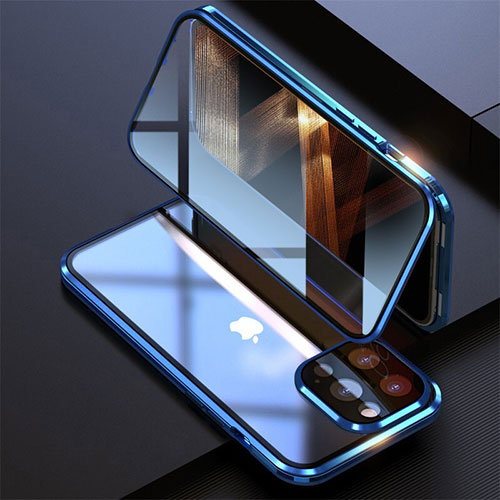 Luxury Aluminum Metal Frame Mirror Cover Case 360 Degrees M08 for Apple iPhone 14 Pro Max Blue