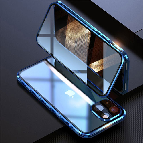 Luxury Aluminum Metal Frame Mirror Cover Case 360 Degrees M08 for Apple iPhone 15 Blue