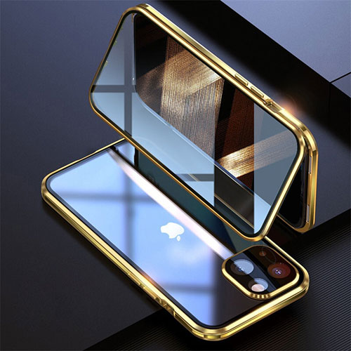 Luxury Aluminum Metal Frame Mirror Cover Case 360 Degrees M08 for Apple iPhone 15 Gold