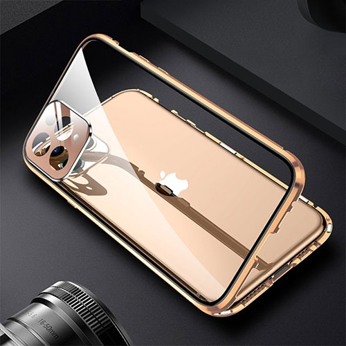 Luxury Aluminum Metal Frame Mirror Cover Case 360 Degrees M09 for Apple iPhone 14 Pro Max Gold