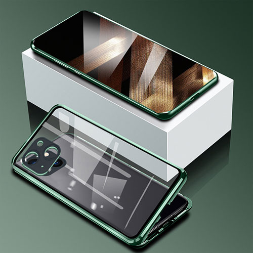 Luxury Aluminum Metal Frame Mirror Cover Case 360 Degrees M09 for Apple iPhone 15 Green