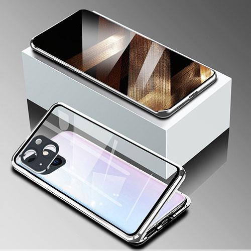 Luxury Aluminum Metal Frame Mirror Cover Case 360 Degrees M09 for Apple iPhone 15 Plus Silver