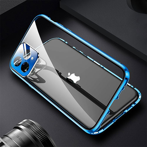 Luxury Aluminum Metal Frame Mirror Cover Case 360 Degrees M09 for Apple iPhone 15 Pro Blue