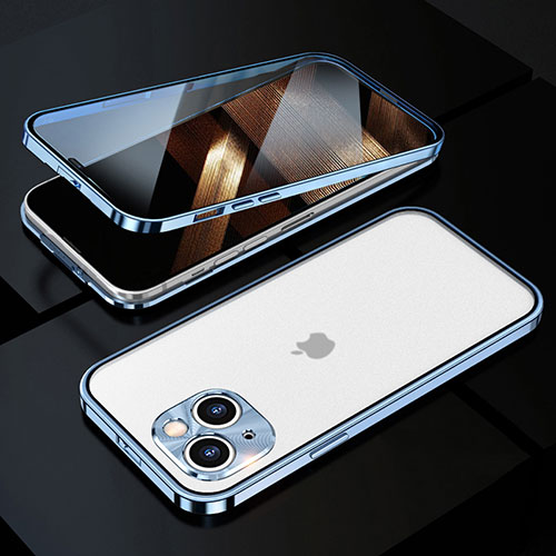 Luxury Aluminum Metal Frame Mirror Cover Case 360 Degrees M10 for Apple iPhone 15 Blue