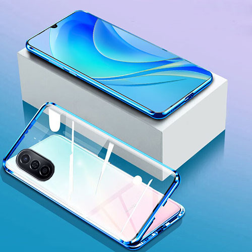 Luxury Aluminum Metal Frame Mirror Cover Case 360 Degrees P01 for Huawei Nova Y70 Blue