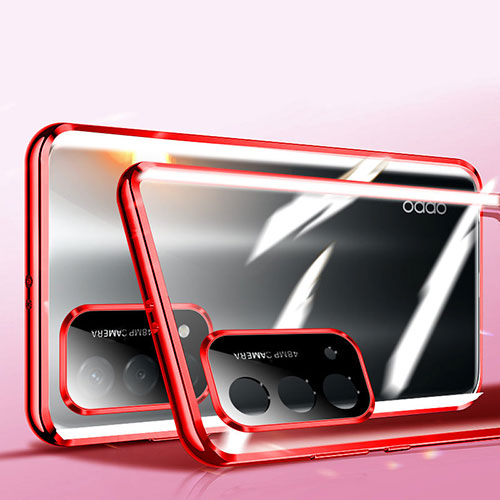 Luxury Aluminum Metal Frame Mirror Cover Case 360 Degrees P01 for Oppo A54 5G Red