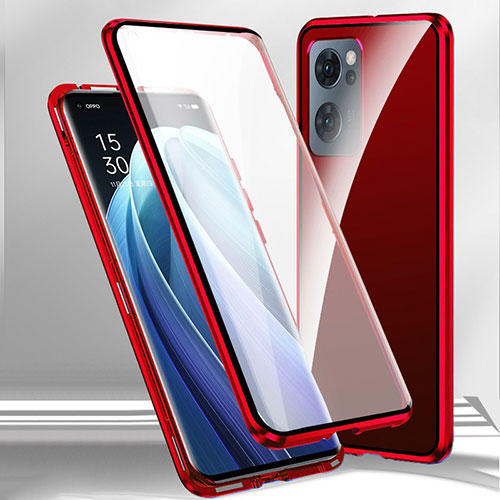 Luxury Aluminum Metal Frame Mirror Cover Case 360 Degrees P01 for Oppo A57 5G Red