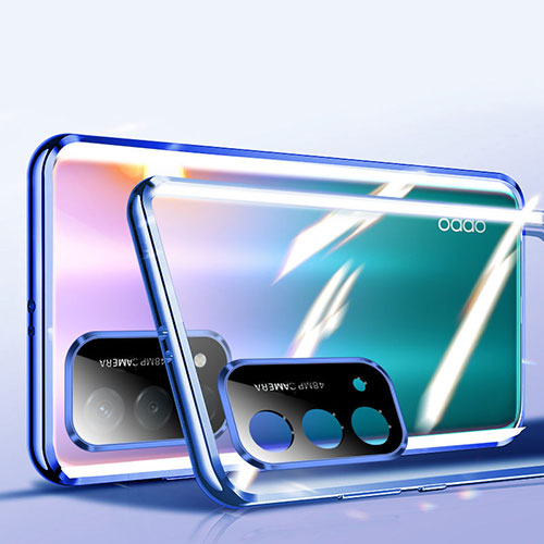 Luxury Aluminum Metal Frame Mirror Cover Case 360 Degrees P01 for Oppo A93 5G Blue