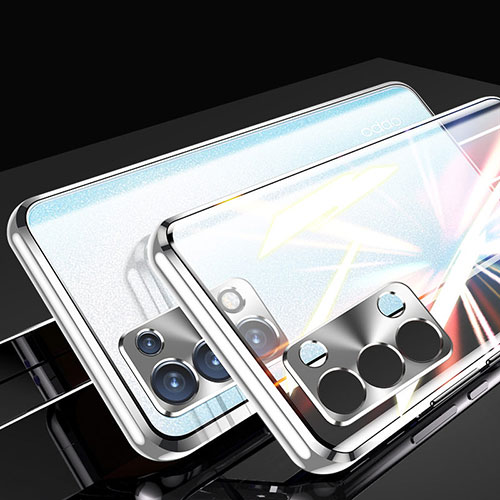 Luxury Aluminum Metal Frame Mirror Cover Case 360 Degrees P01 for Oppo Reno6 Pro+ Plus 5G Silver