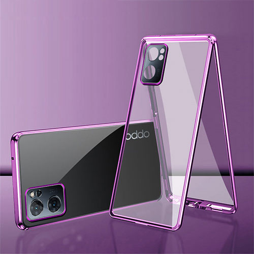 Luxury Aluminum Metal Frame Mirror Cover Case 360 Degrees P01 for Oppo Reno7 SE 5G Purple