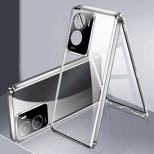 Luxury Aluminum Metal Frame Mirror Cover Case 360 Degrees P01 for Vivo T2x 5G V2253 Silver