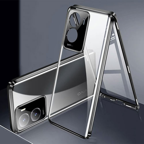 Luxury Aluminum Metal Frame Mirror Cover Case 360 Degrees P01 for Vivo Y35m 5G Black