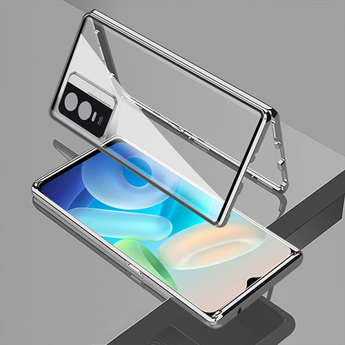 Luxury Aluminum Metal Frame Mirror Cover Case 360 Degrees P01 for Vivo Y76s 5G Silver