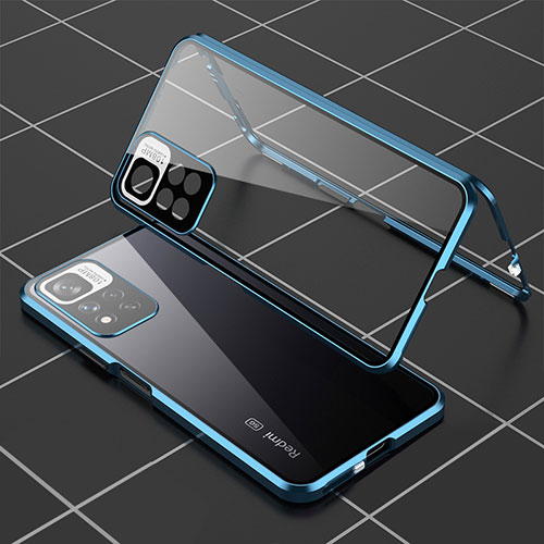 Luxury Aluminum Metal Frame Mirror Cover Case 360 Degrees P01 for Xiaomi Poco X4 NFC Blue