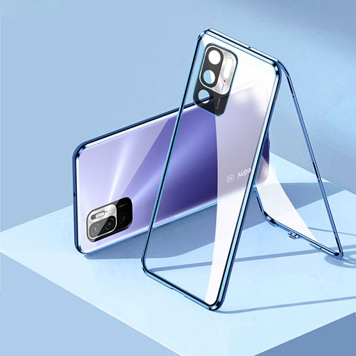 Luxury Aluminum Metal Frame Mirror Cover Case 360 Degrees P01 for Xiaomi Redmi Note 10 5G Blue