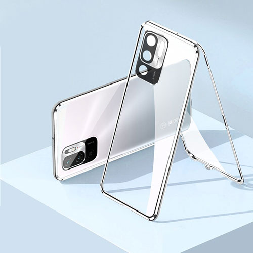 Luxury Aluminum Metal Frame Mirror Cover Case 360 Degrees P01 for Xiaomi Redmi Note 10 5G Silver