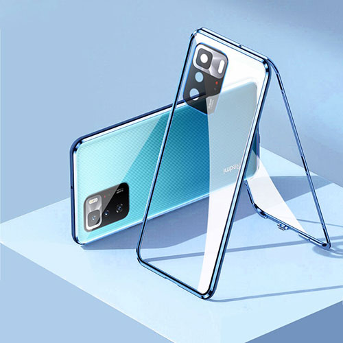 Luxury Aluminum Metal Frame Mirror Cover Case 360 Degrees P01 for Xiaomi Redmi Note 10 Pro 5G Blue