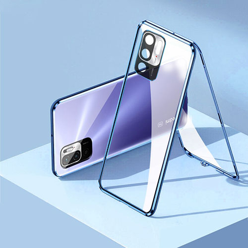 Luxury Aluminum Metal Frame Mirror Cover Case 360 Degrees P01 for Xiaomi Redmi Note 10T 5G Blue