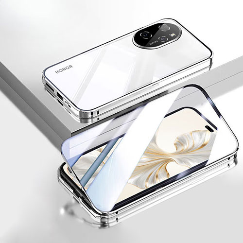 Luxury Aluminum Metal Frame Mirror Cover Case 360 Degrees P02 for Huawei Honor 100 Pro 5G Silver