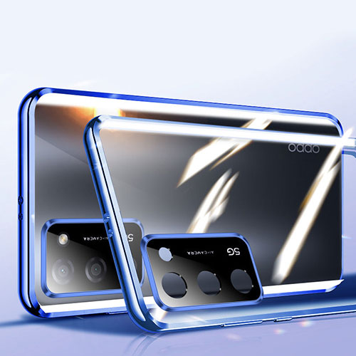 Luxury Aluminum Metal Frame Mirror Cover Case 360 Degrees P02 for Oppo A55 5G Blue