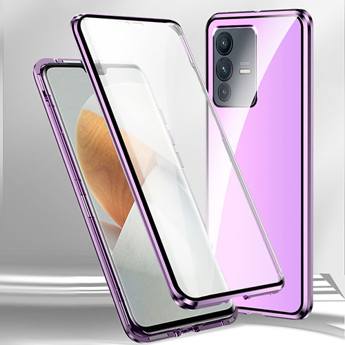 Luxury Aluminum Metal Frame Mirror Cover Case 360 Degrees P02 for Vivo V23 Pro 5G Purple